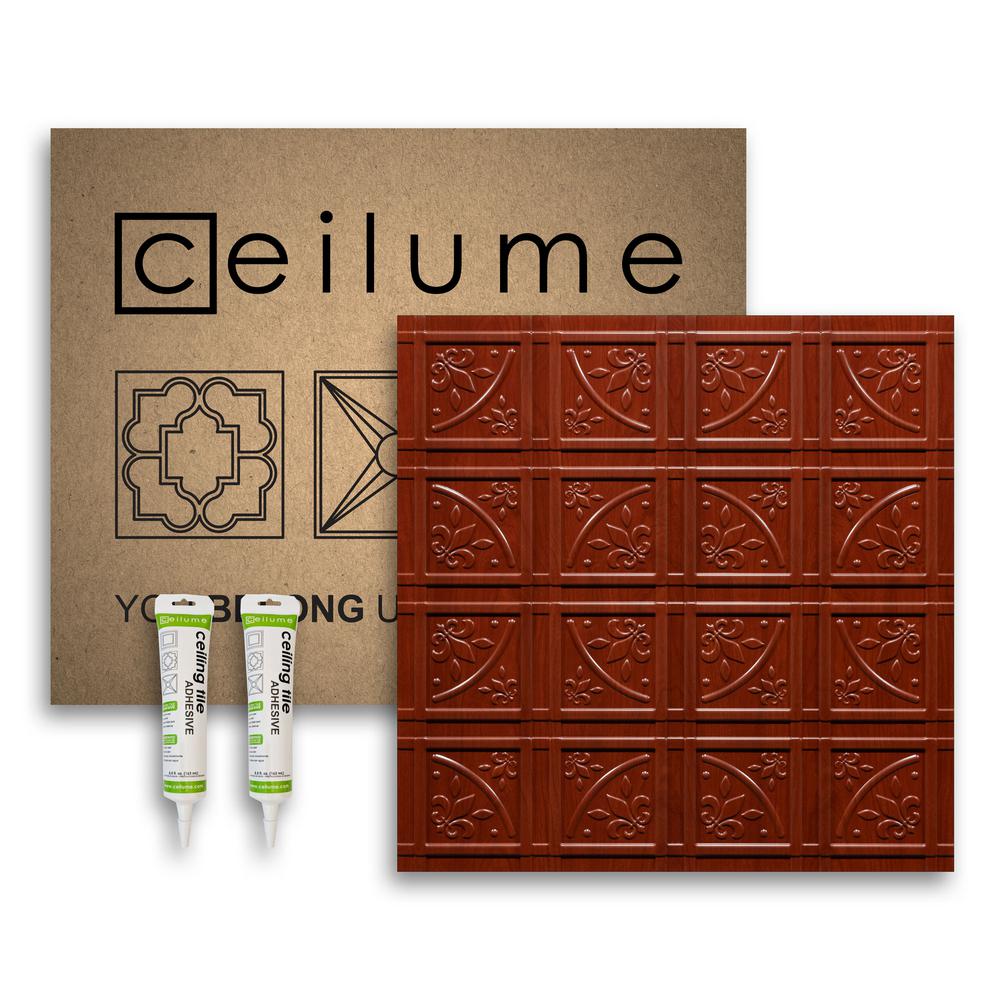 Ceilume Lafayette Faux Wood Cherry 2 Ft X 2 Ft Glue Up Ceiling Tile And Backsplash Kit