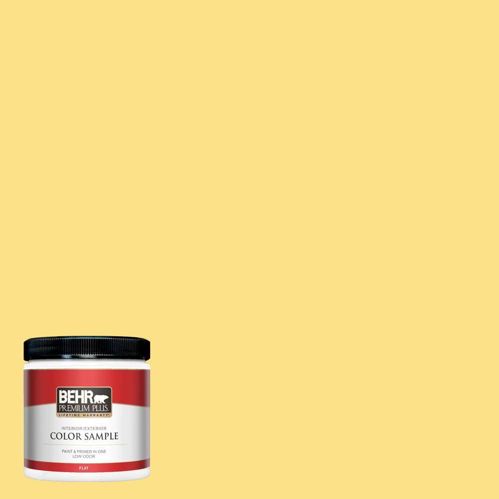 BEHR PREMIUM PLUS 8 oz. 380B4 Daffodil Yellow Flat Interior/Exterior Paint and Primer in One
