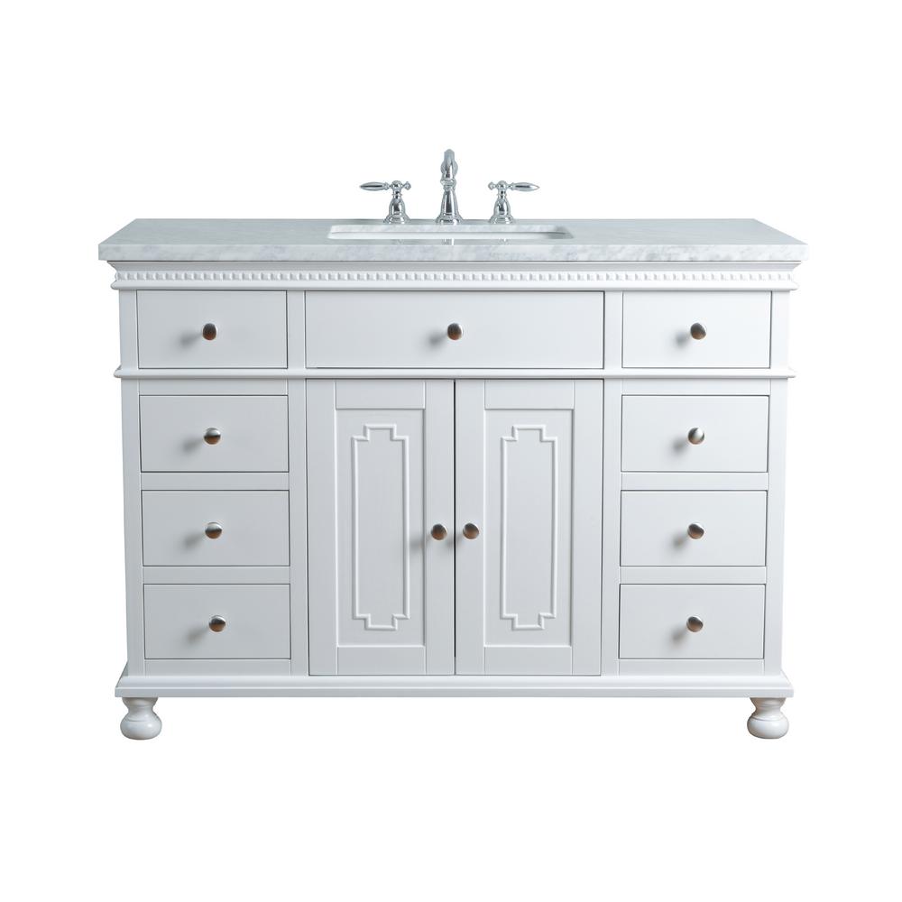 Stufurhome 48 In Abigail Embellished Single Sink Vanity In White With Marble Vanity Top In Carrara With White Basin Stufurhome 48 In Abigail Embellished Single Sink Vanity In White With Marble Vanity Top In Carrara With White Basin