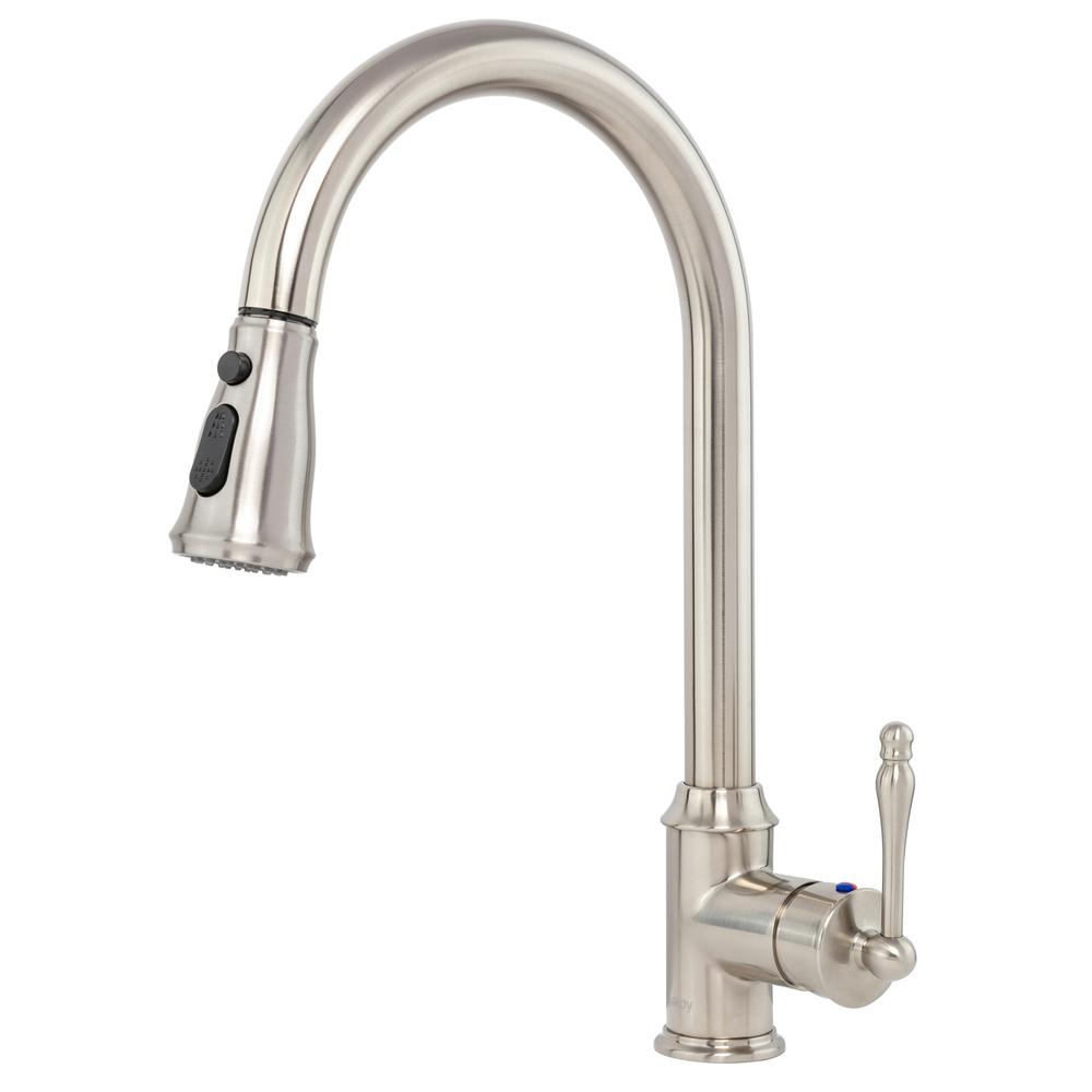 AKDY Kitchen Faucet with Pull Down Sprayer - Single Handle Brushed Nickel High Arc Kitchen Sink Faucet - Easy Single Hole Installation - 58 Inch Flexible Hose - Premium Brass with Ceramic Valve