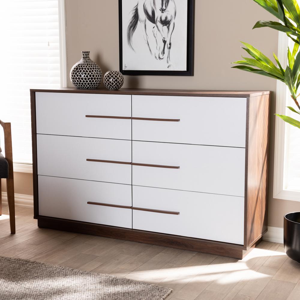 Baxton Studio Mette 6 Drawer White And Walnut Dresser 157 Baxton Studio Mette 6 Drawer White And Walnut Dresser 157