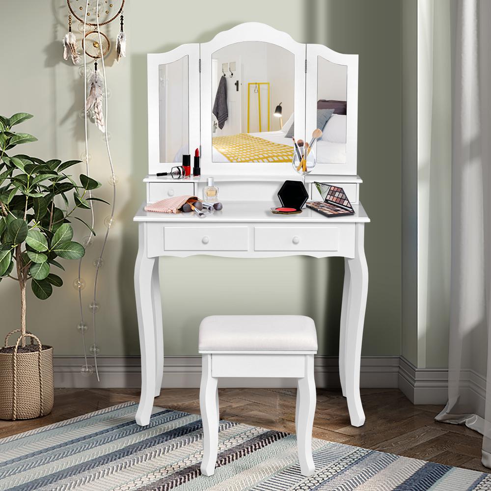 Costway 4 Drawer White Vanity Makeup Dressing Table Set W Stool Mirror Jewelry Wood Desk Hw56232wh The Home Depot