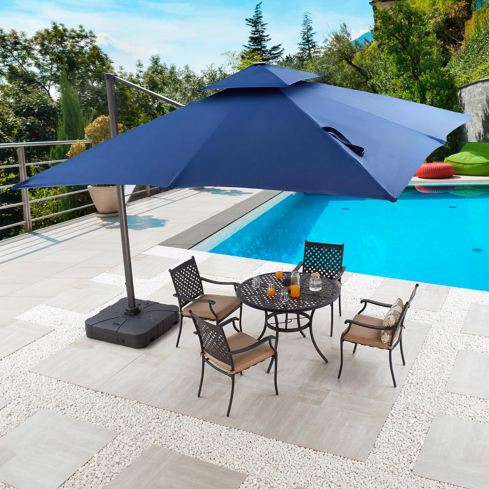 Patio Festival 11 Ft Steel Cantilever Solar Powered Light Up Tilt Patio Umbrella In Blue With Base Pf20968 980 The Home Depot