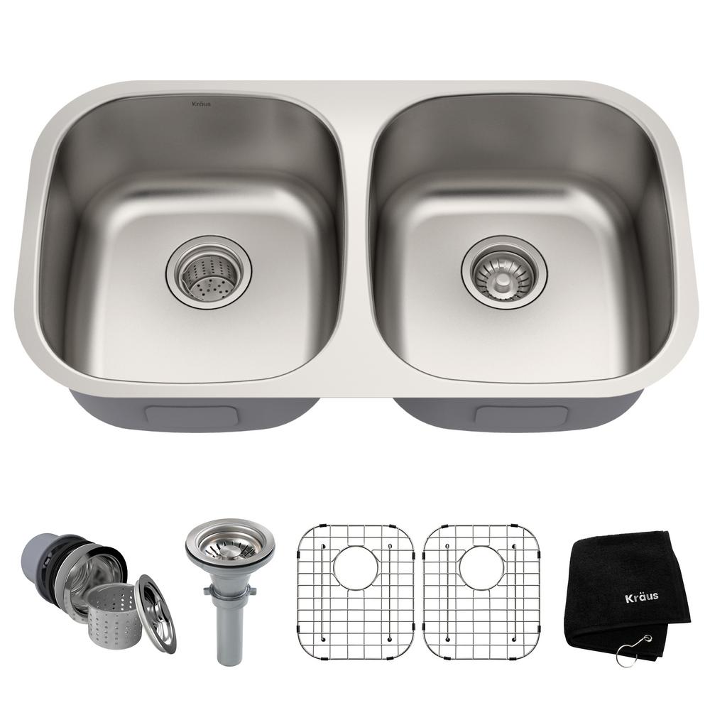 Kraus Premier Undermount Stainless Steel 32 In 50 50 Double Bowl Kitchen Sink