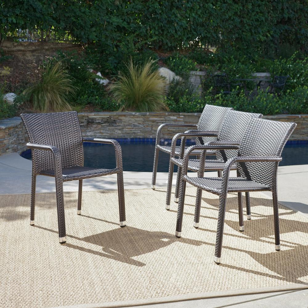 Noble House Dover Multi Brown Wicker Stacking Outdoor Dining Chairs 4 Pack