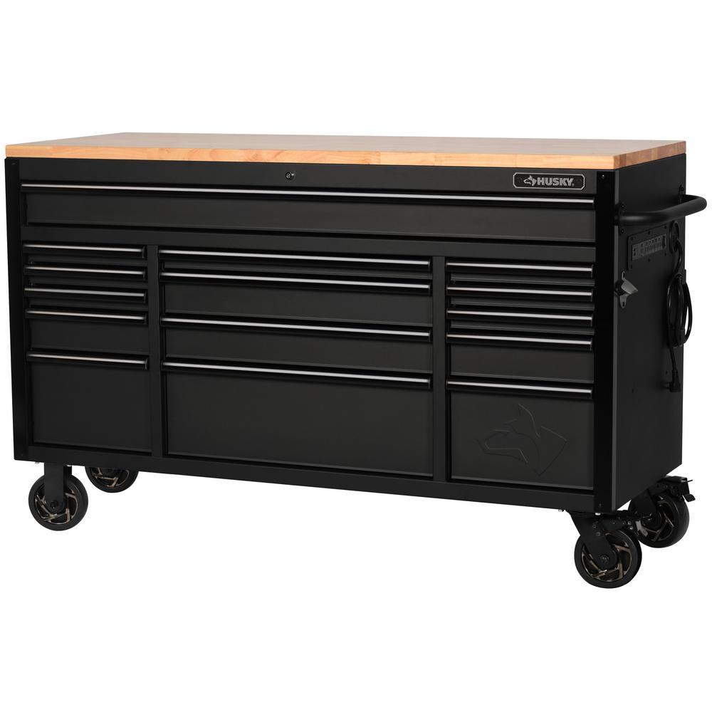 Husky Heavy Duty 61 In 15 Drawer Mobile Workbench With Solid Wood Top