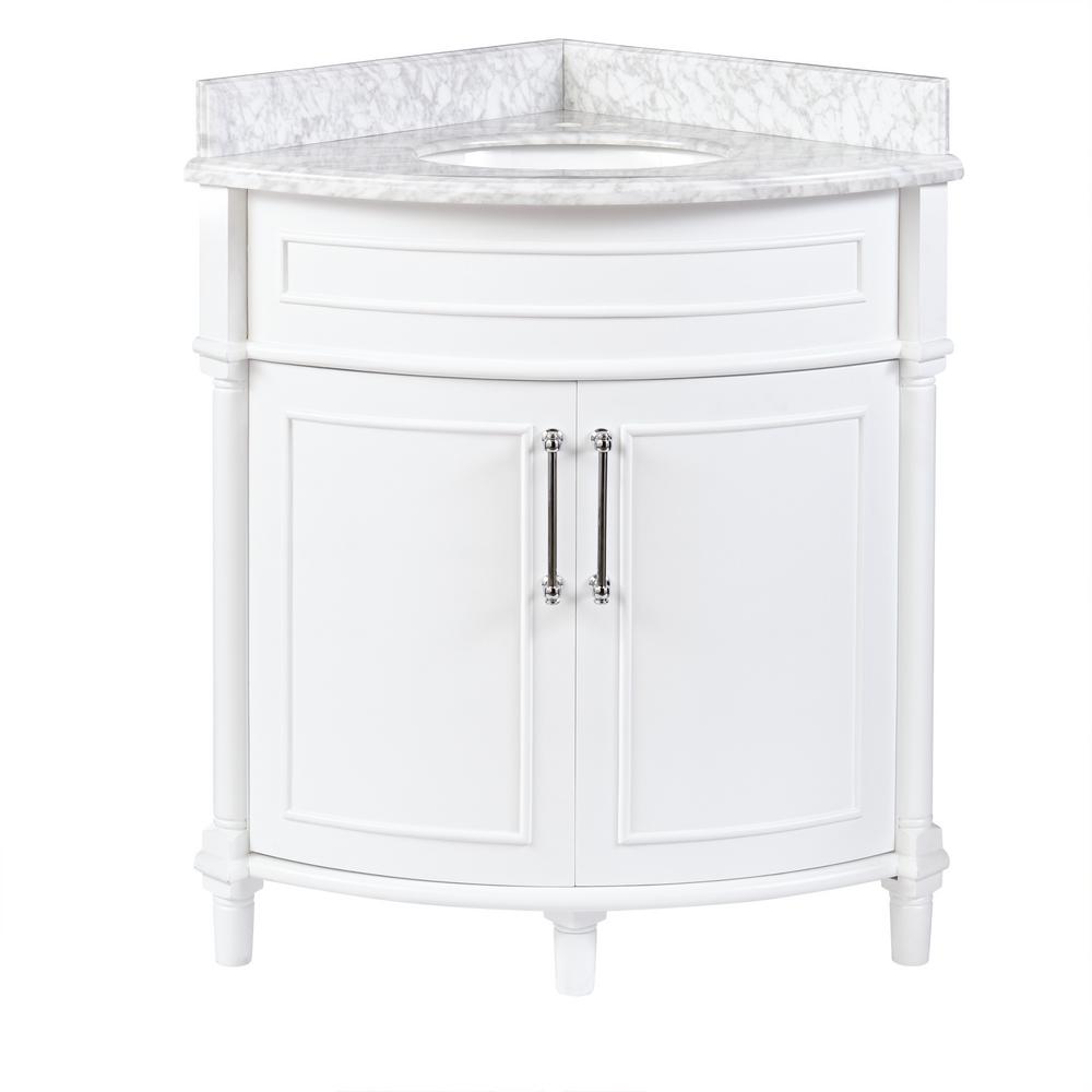 Aberdeen 32 In W X 23 In D Corner Vanity In White With Carrara Marble Top With White Sinks
