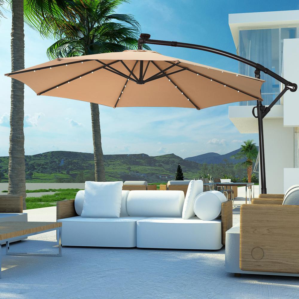 Costway 10 Ft Aluminum Offset Cantilever Solar Tilt Patio Umbrella Led Lights 360 Degrees Rotation Beige Op70282be The Home Depot