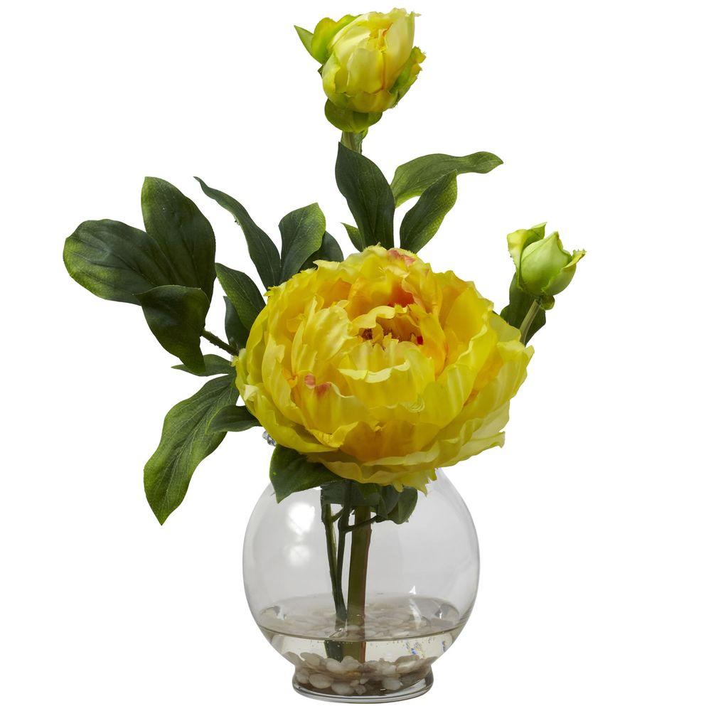 13 5 In H Yellow Peony With Fluted Vase Silk Flower Arrangement H Yellow Peony With Fluted Vase Silk Flower Arrangement