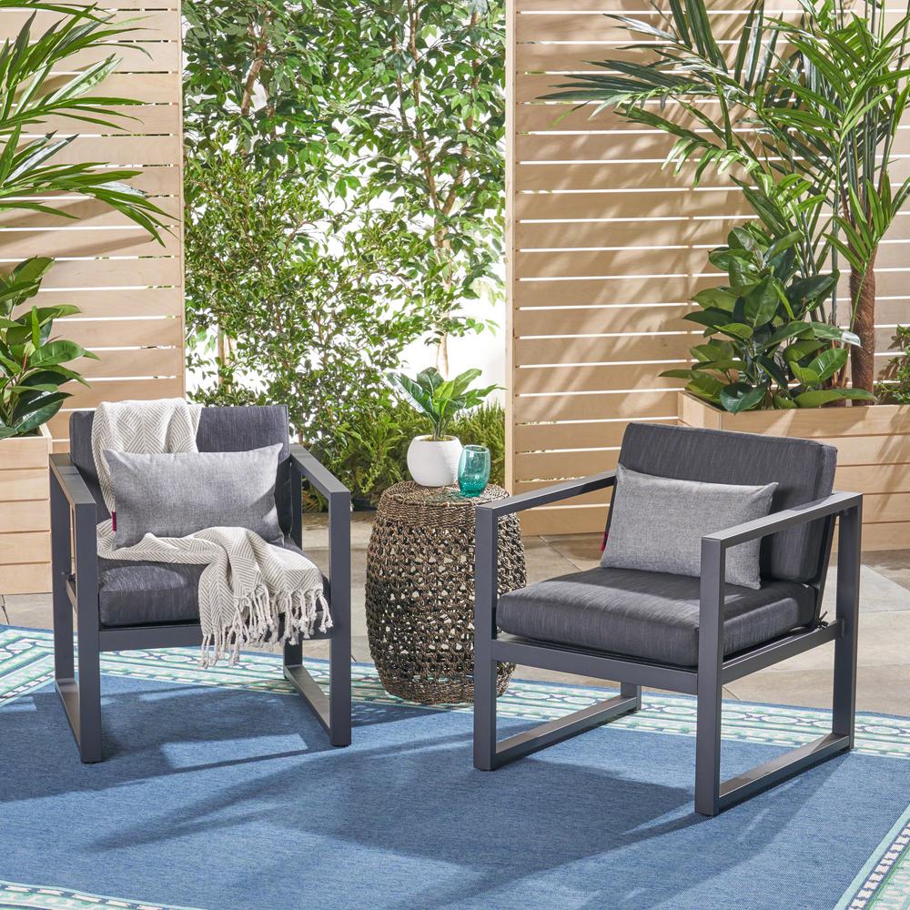 Noble House Navan Dark Gray Armed Aluminum Outdoor Lounge Chair With Dark Gray Cushions 2 Pack 67002 The Home Depot