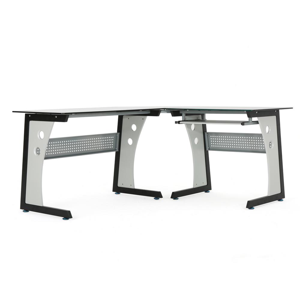Noble House Oria L Shaped Gray Desk With A Black Tempered