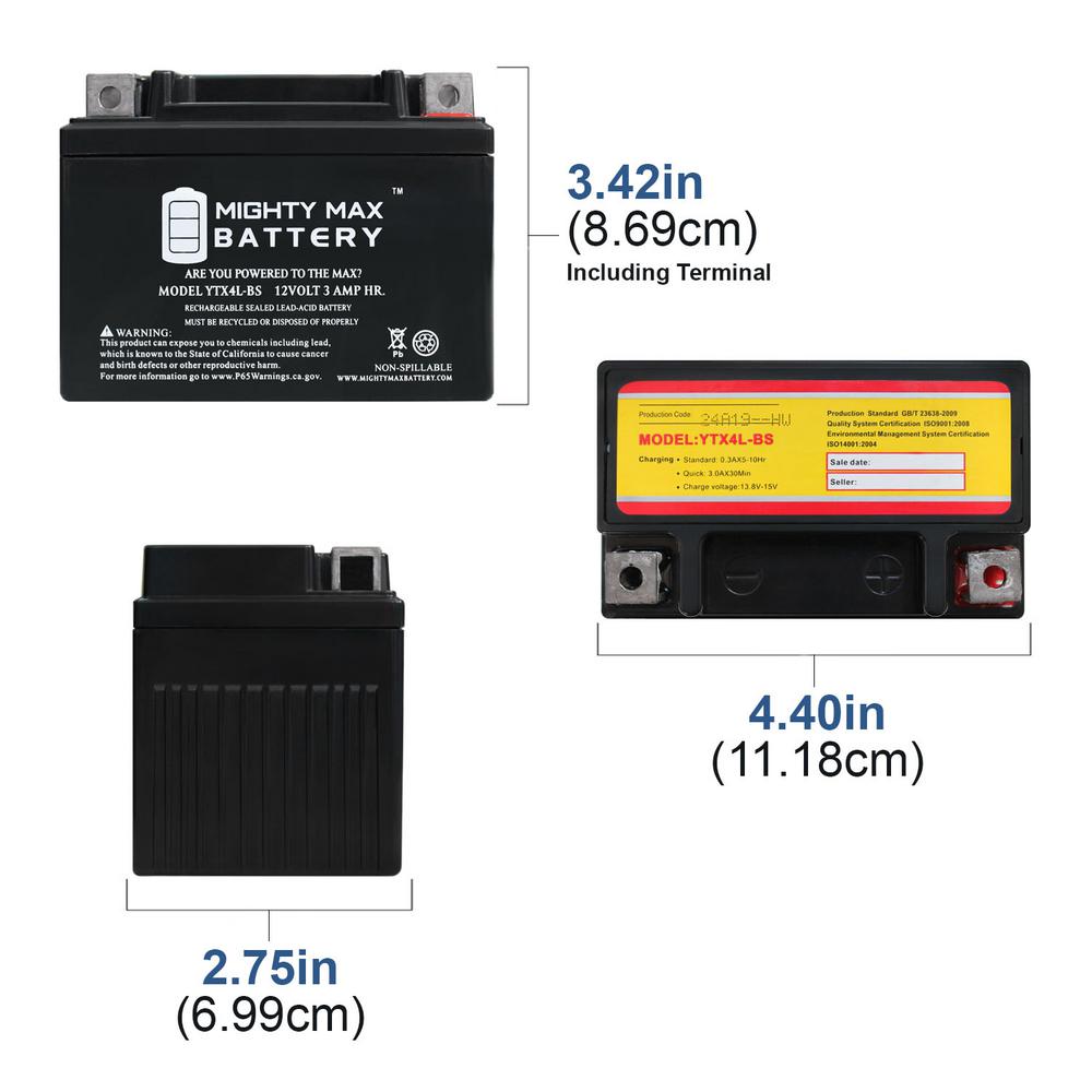 Mighty Max Battery 12 Volt 3 Ah 50 Cca Rechargeable Sealed Lead Acid Sla Powersport Battery Ytx4l Bs The Home Depot