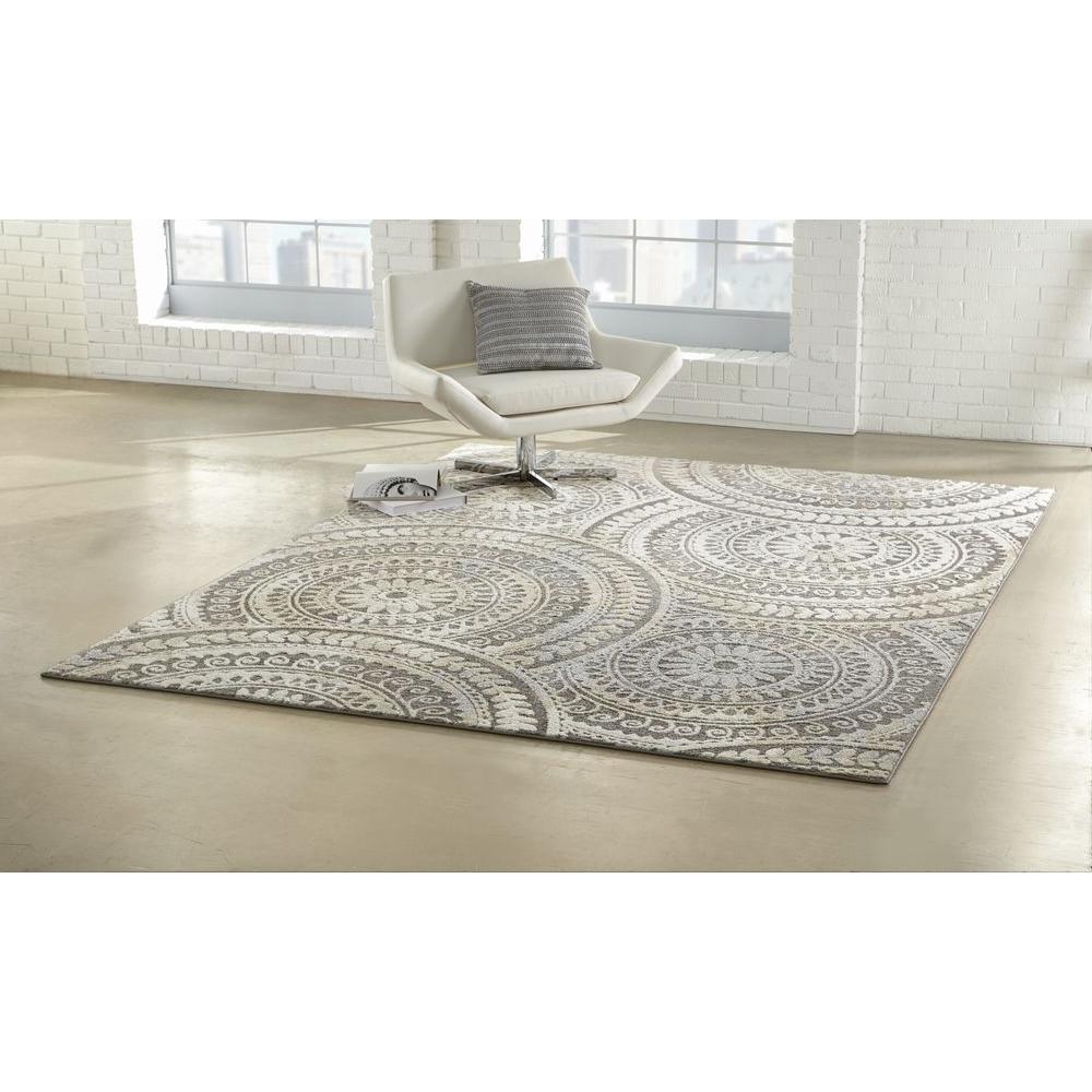Cool Gray Tones Area Rug 5ft x 7ft Spiral Medallion Pattern Stain