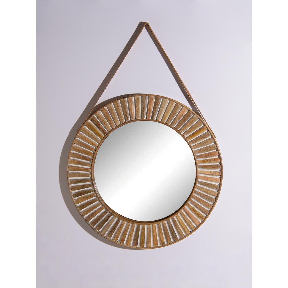 Rustic Round Whitewashed Wooden Mirror With Leather Hanging Strap