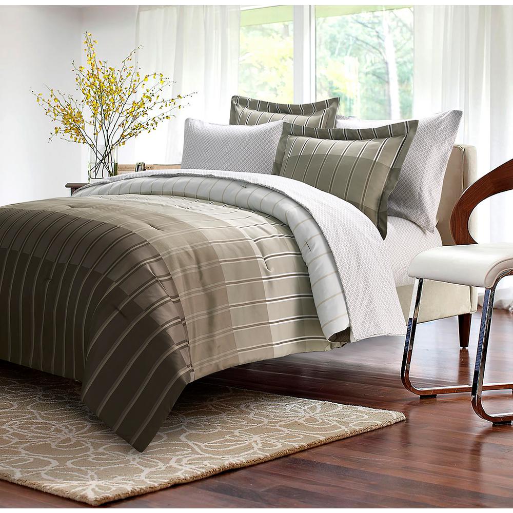 Brown Grey Ombre Stripe 8 Piece Taupe Full Bed In Bag Set