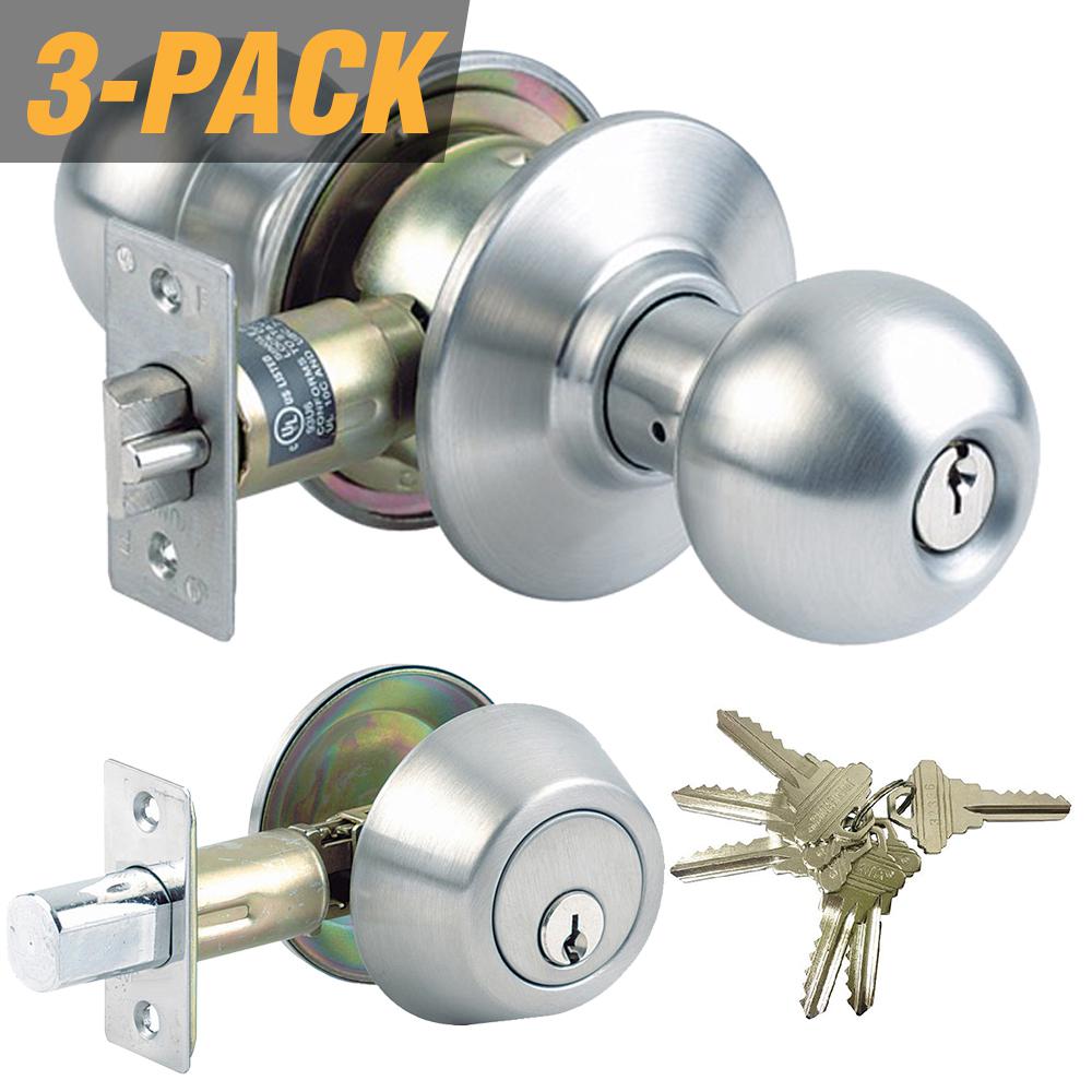 Grip Tight Tools Stainless Steel Grade 3 Combo Lock Set With Entry Door Knob And Deadbolt 18 Sc1 Keys Total 3 Pack Keyed Alike