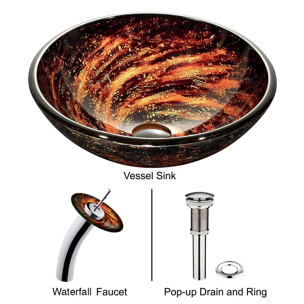 VIGO Northern Lights Vessel Sink in Browns with Waterfall Faucet in