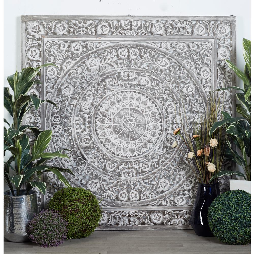 60 in. x 60 in. "Antique White Carved Botanical Scrollwork" Framed