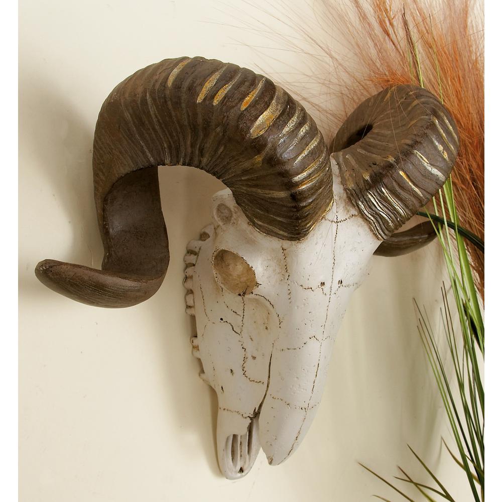 Litton Lane Polystone Brown And White Ram Skull With Horns Wall Litton Lane Polystone Brown And White Ram Skull With Horns Wall Decor