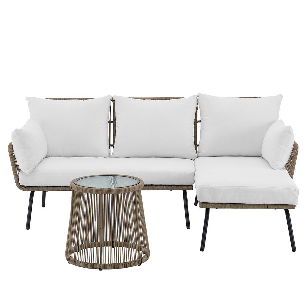 Barton 3Piece LShaped Rattan Outdoor Patio Sectional Furniture Set with White Cushioned Seat