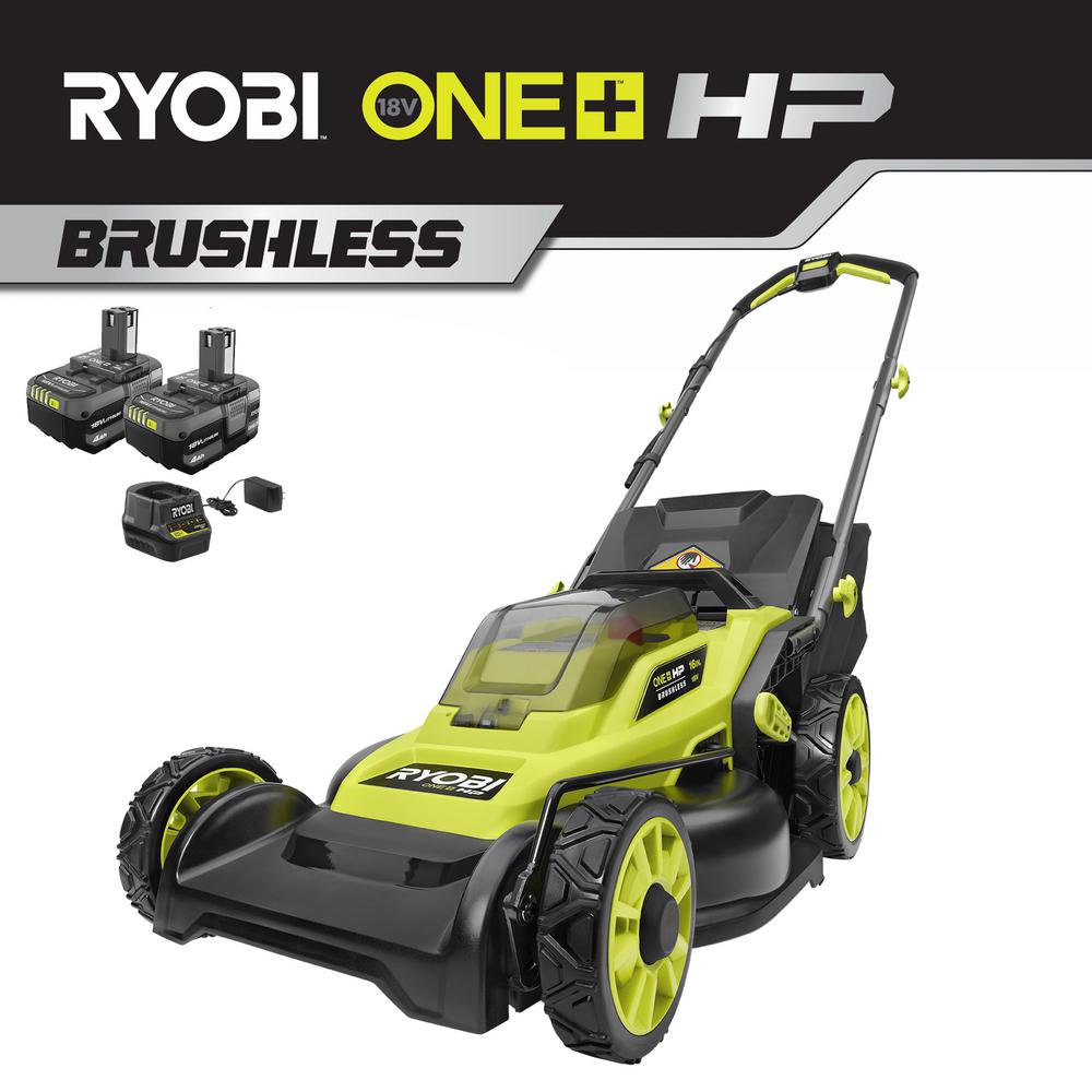 RYOBI 16 in. ONE+ HP 18-Volt Lithium-Ion Cordless Battery Walk Behind Push Lawn Mower w/ Two 4.0 Ah Batteries/Charger Included