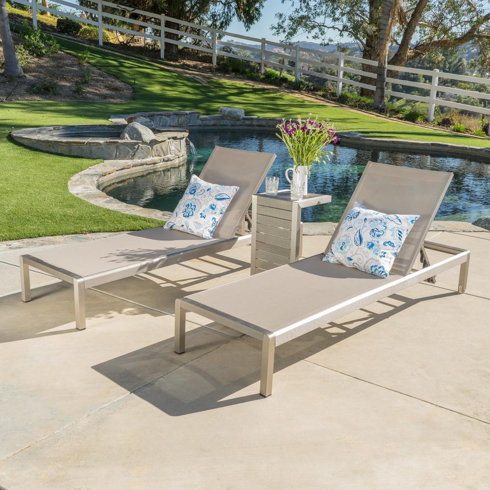 Noble House Cape Coral Silver 3-Piece Metal Outdoor Patio Chaise Lounge