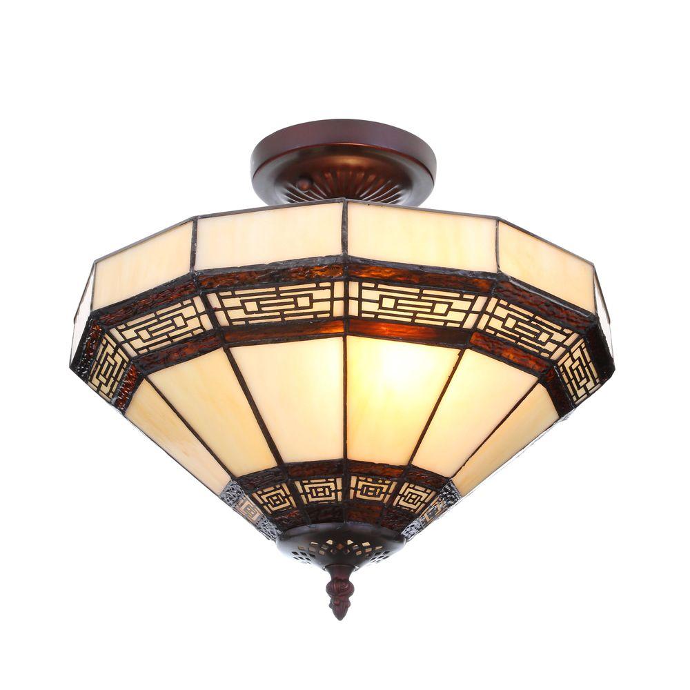 Hampton Bay Addison 13 5 In 2 Light Oil Rubbed Bronze Semi Flush Mount With Tiffany Style Stained Glass Shade