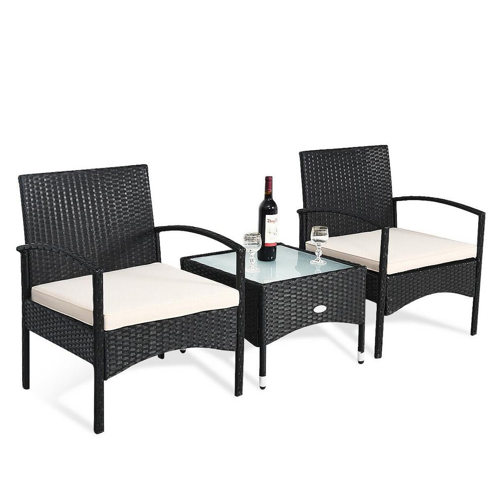 Costway Black 3 Piece Rattan Wicker Patio Conversation Set Table And 2 Chair With Beige Cushions Hm0023 The Home Depot