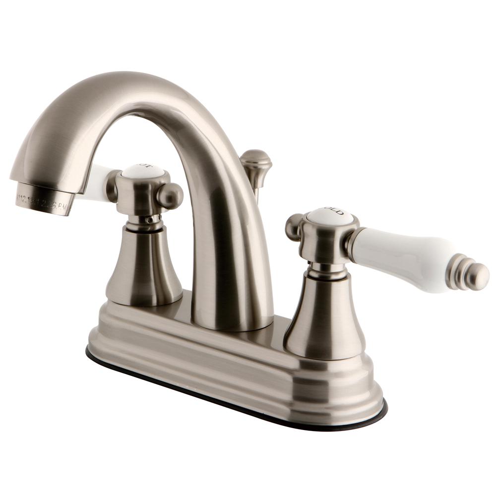 Kingston Brass English Porcelain 4 In Centerset 2 Handle High Arc Bathroom Faucet In Satin 6242