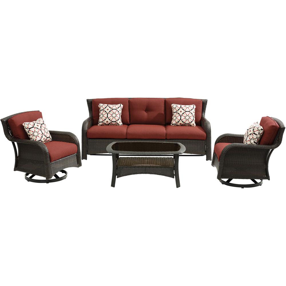 Hanover Strathmere 4 Piece Wicker Patio Sectional Seating Set With Crimson Red Cushions