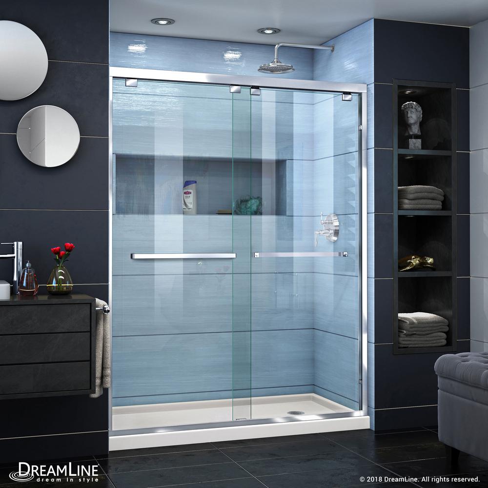 Dreamline Encore 30 In D X 60 W 78 75 H Semi Frameless H Semi Frameless Sliding Shower Door In Chrome With Right Drain Biscuit Base