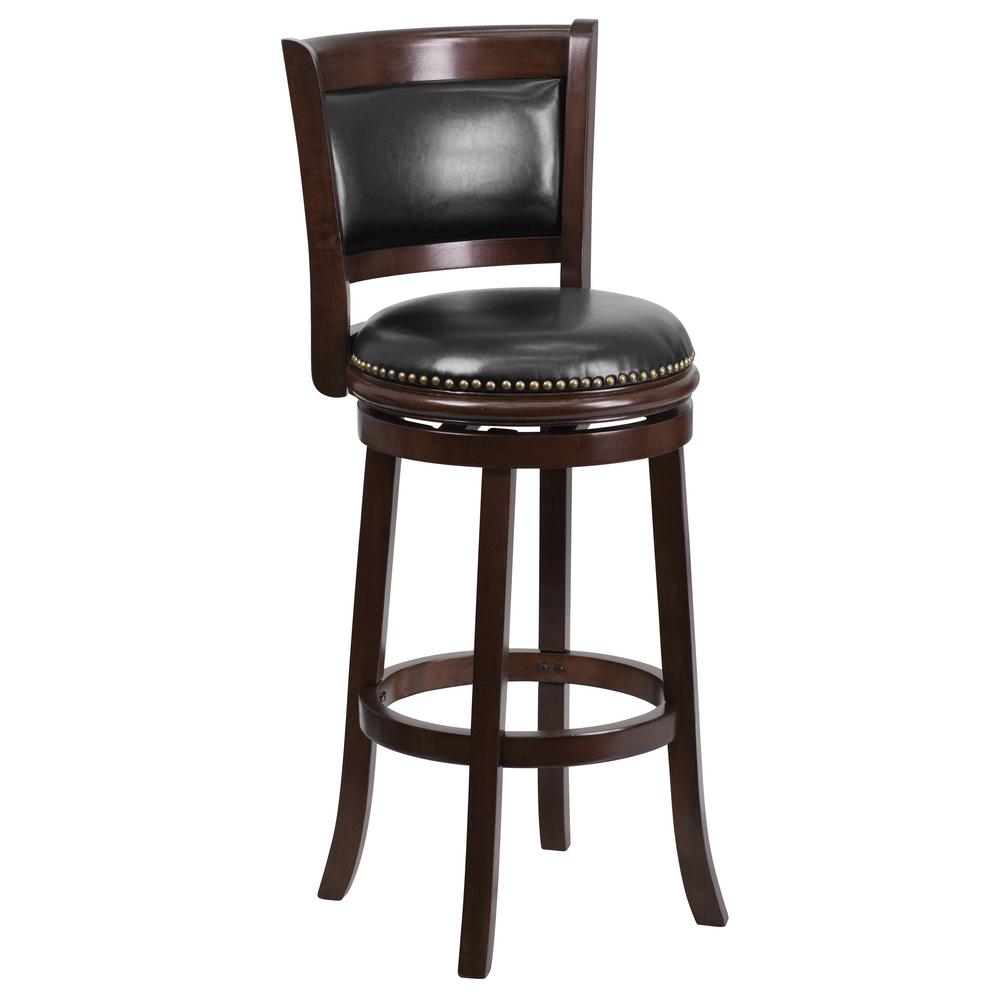 Carnegy Avenue 29 In High Cappuccino Wood Barstool With Panel Back High Cappuccino Wood Barstool With Panel Back And Black Leather Swivel Seat