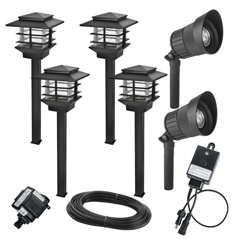 Hampton Bay Low Voltage Black Outdoor Integrated Led Landscape Zen Path Light And Deluxe Micro Spot Light Kit 6 Pack Hdc33945bk The Home Depot