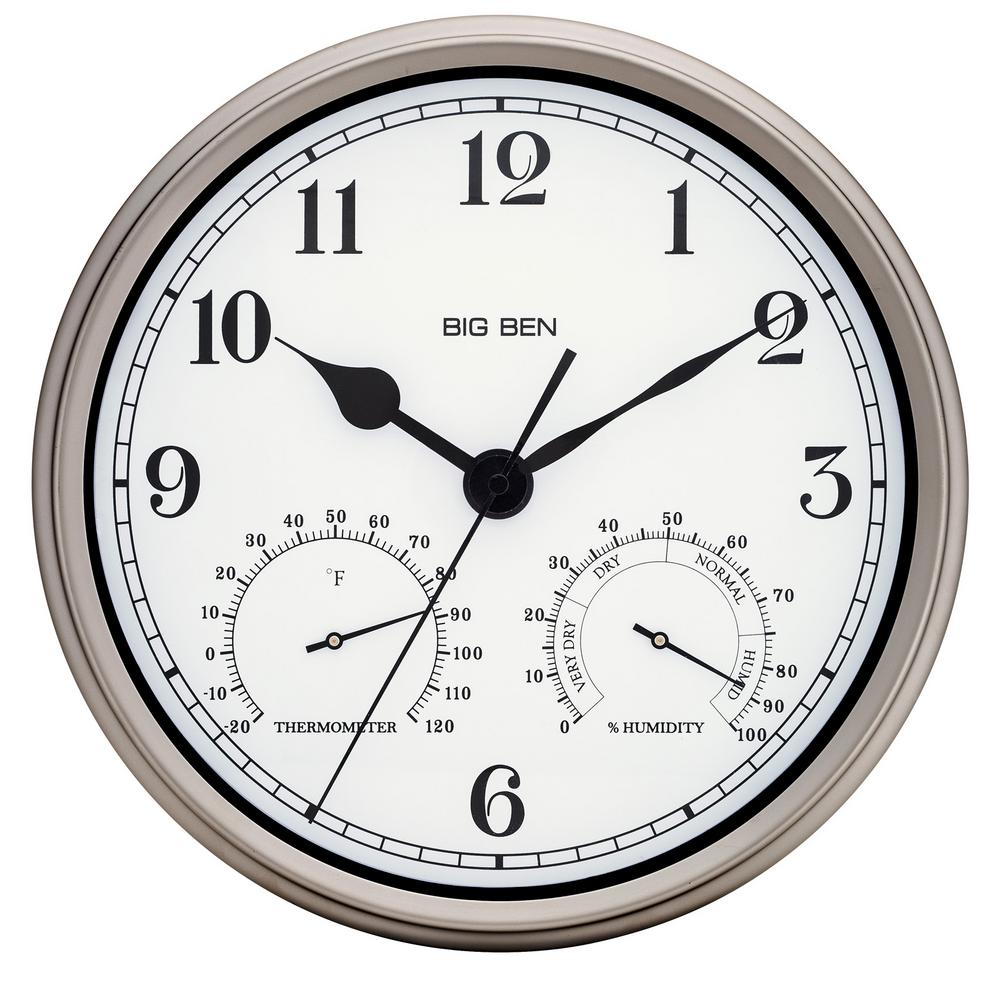Silver Finish 12 In Round Metal Frame Outdoor Wall Clock