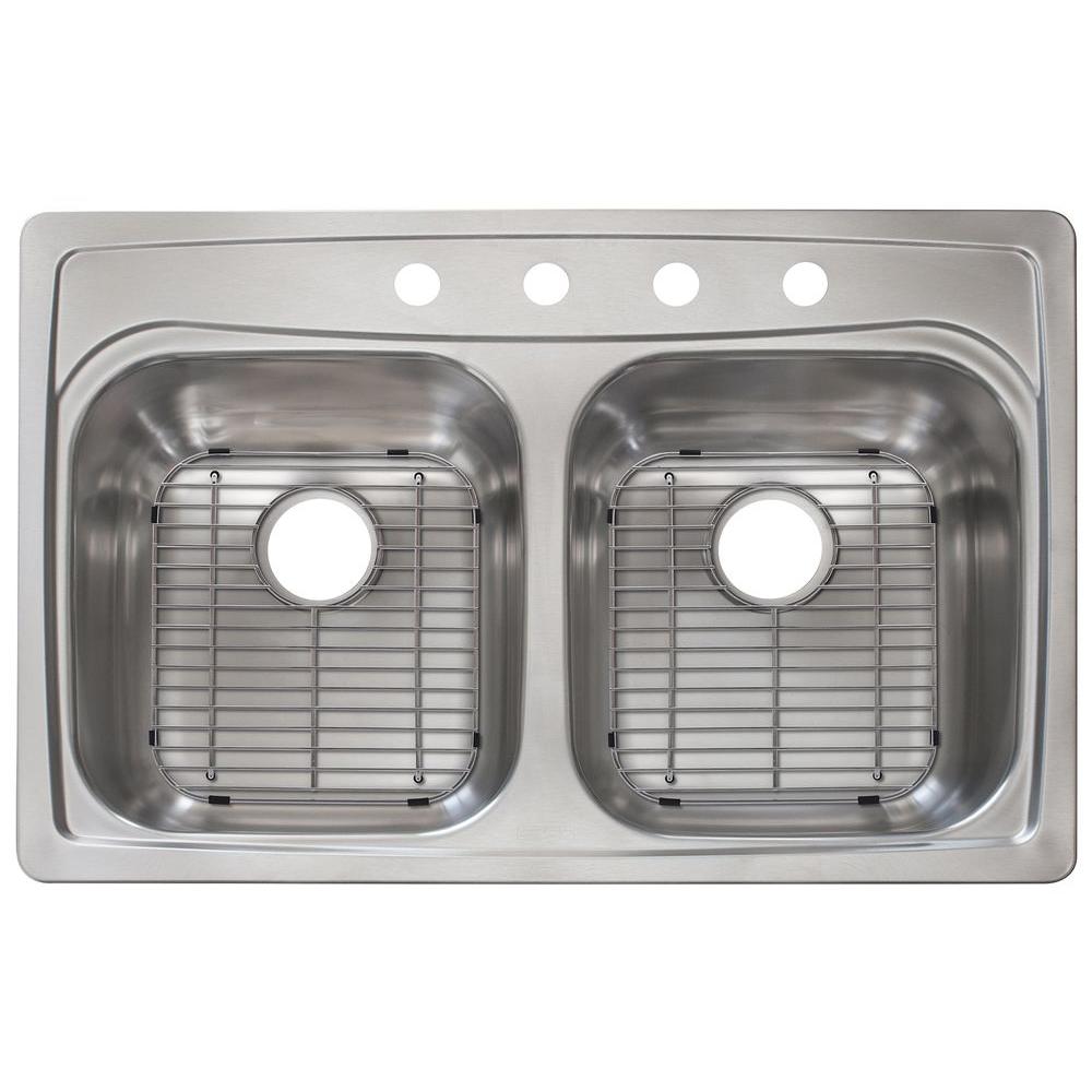 Drop In Stainless Steel 33 In 4 Hole Double Bowl Deep Kitchen Sink In Stainless