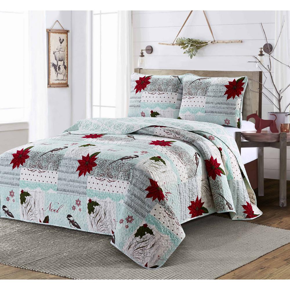 Brighten The Season Noel Classic Multi Poinsetta Christmas Microfiber Twin 2 Piece Quilt Set 12922a The Home Depot