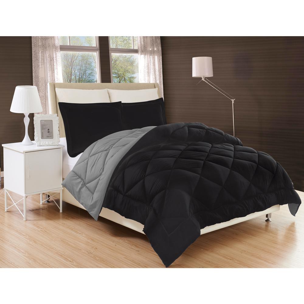 Gray Color 3-Piece Reversible Down Alternative Comforter Set and Shams Black