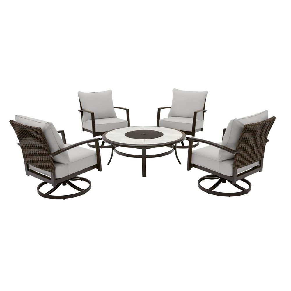 Hampton Bay Whitfield 5 Piece Dark Brown Metal Outdoor Patio Round Fire Pit Seating Set With Cushionguard Stone Gray Cushions H152 01424900 The Home Depot - Patio Furniture With Fire Pit Home Depot Hampton Bay Whitfield 5 Piece Dark Brown Metal Outdoor Patio Round Fire Pit Seating Set With Cushionguard Stone Gray Cushions H152 01424900 The Home Depot - Patio Furniture With Fire Pit Home Depot