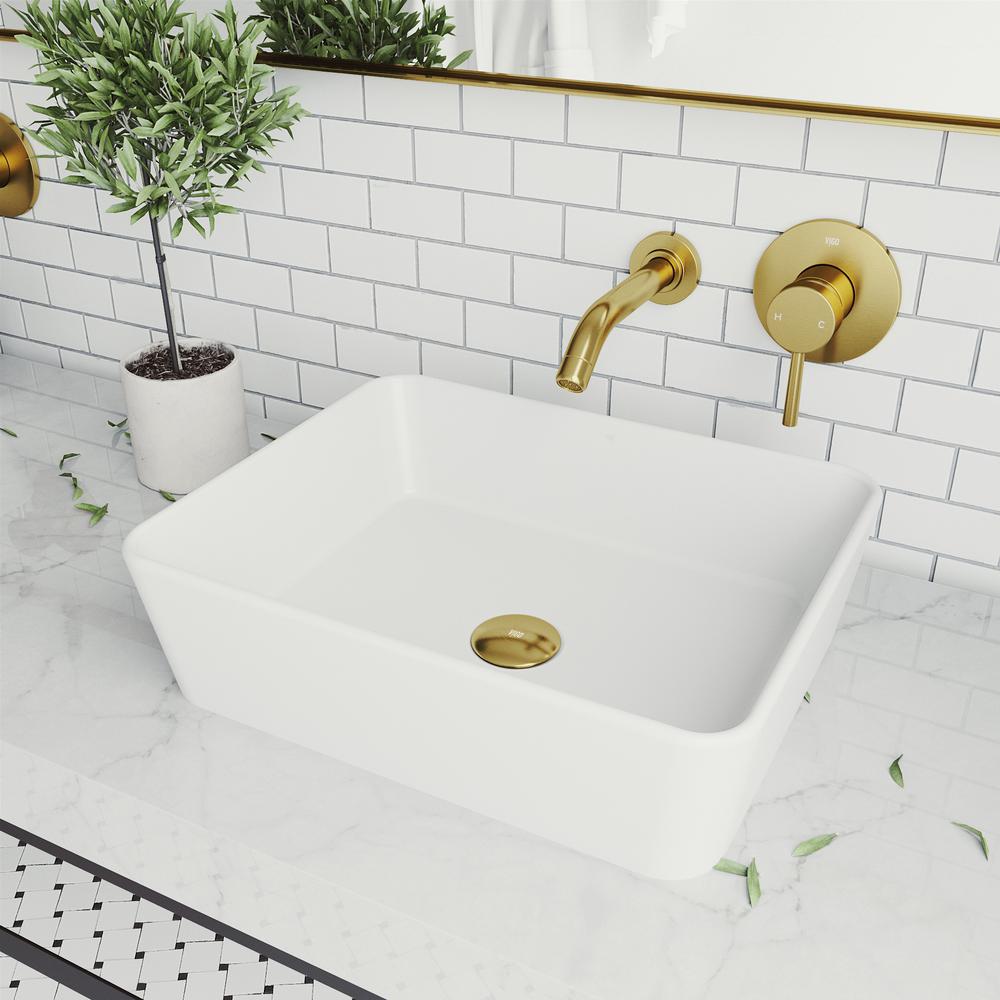 VIGO Marigold Matte Stone Vessel Bathroom Sink in White with Olus Faucet in Matte GoldVGT1480