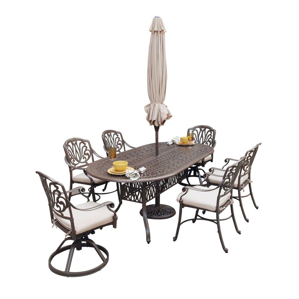 Home Styles Floral Blossom Taupe 7-Piece Patio Dining Set with Beige
