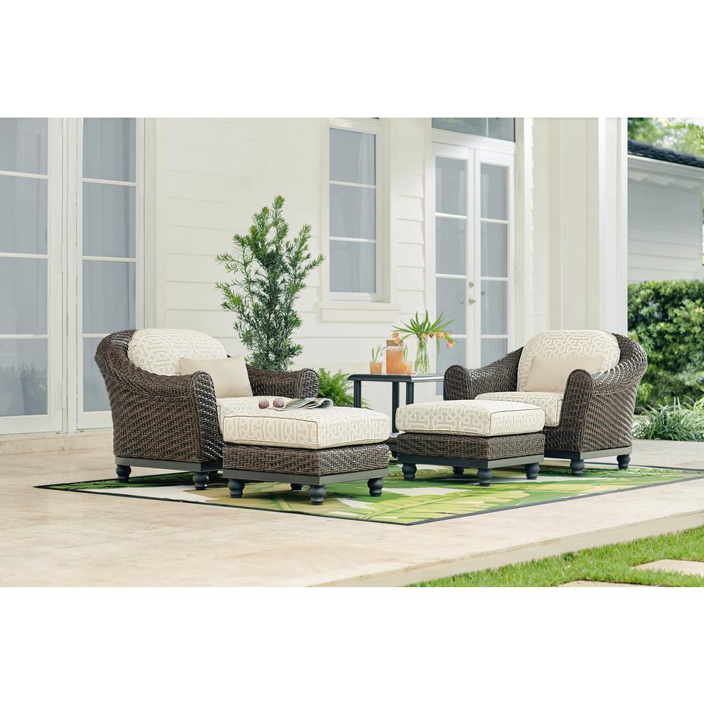 Home Decorators Collection Uv Protected Patio Chairs Camden Dark Brown Stationary Wicker Outdoor Lounge Chair With Sunbrella Fretwork Flax Cushions 2