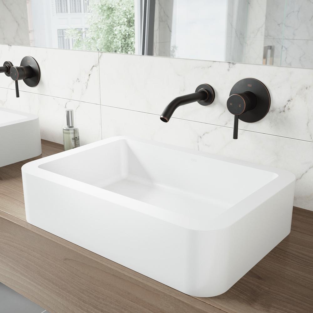 Vigo White Petunia Matte Stone Vessel Bathroom Sink And Olus Antique Rubbed Bronze Single Lever Wall Mount Faucet W Pop Up