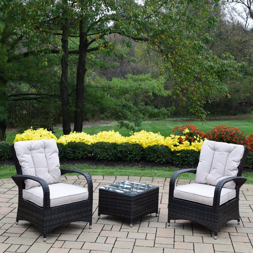 Borneo Black 3 Piece Wicker Patio Conversation Set With Oatmeal Cushions