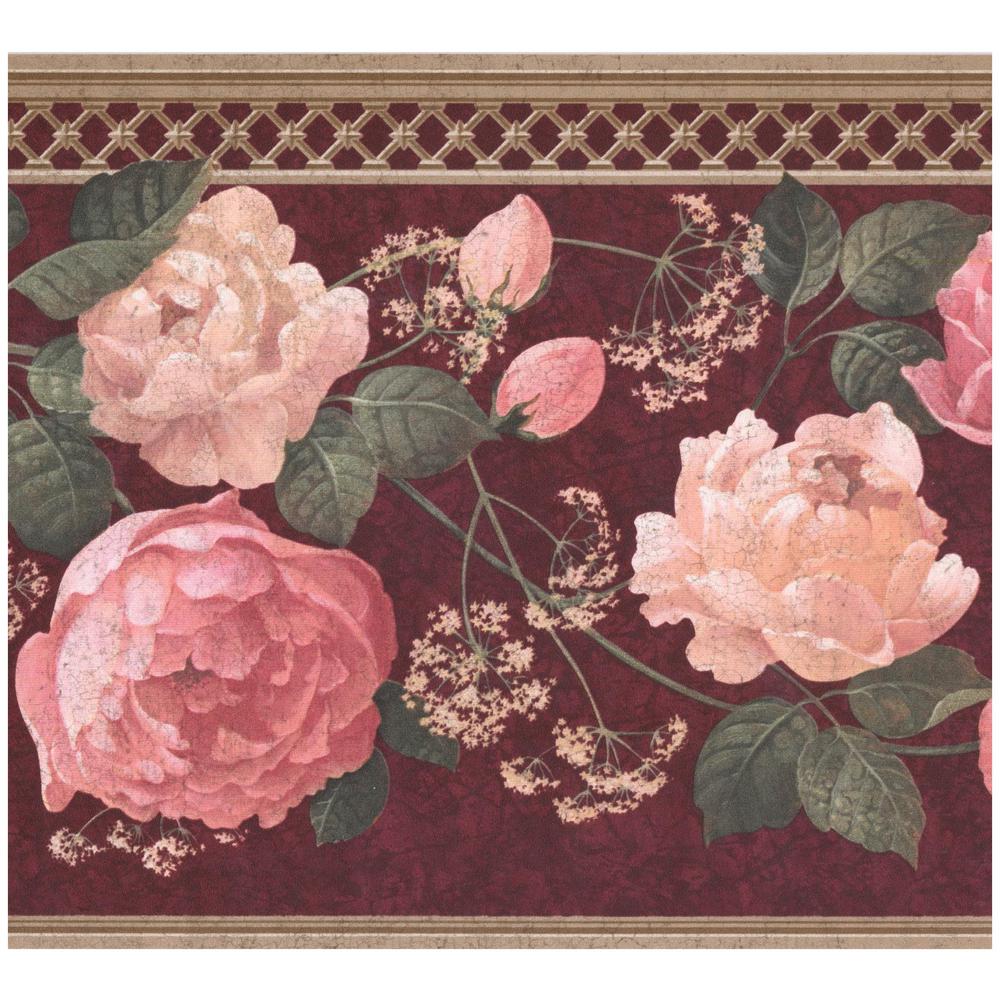 Pink White Roses Baby Breath Garnet Red Prepasted Wallpaper Border