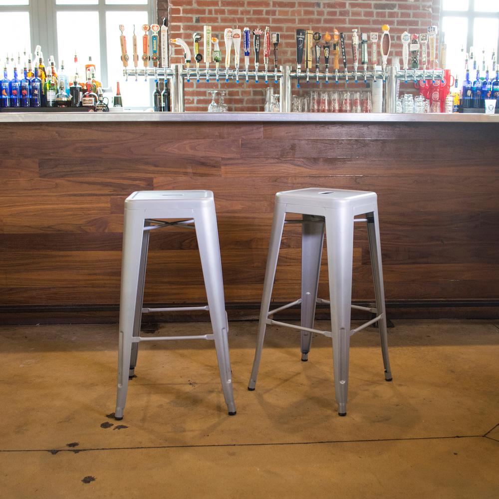 Amerihome Loft Style 24 In Stackable Metal Silver Bar Stool Set Of Stackable Metal Silver Bar Stool Set Of 2 Bs24slvr The Home Depot