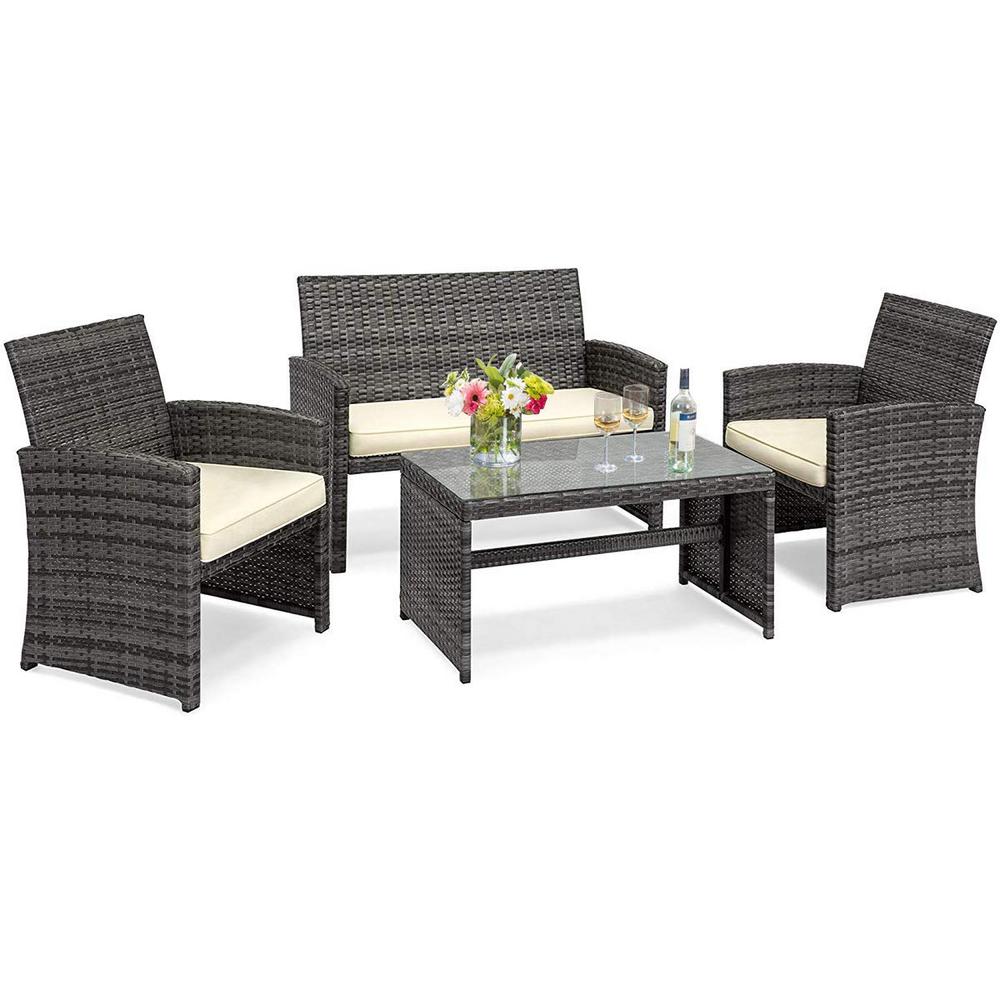 Unbranded 4 Piece Wicker Rattan Patio Conversation Set Chair With Beige Cushions Hw63238 The Home Depot