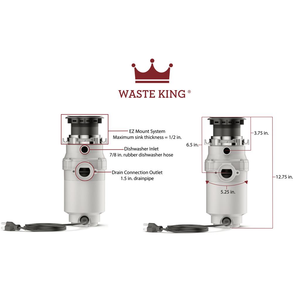 Waste King Garbage Disposal 1/2 HP 2600 RPM Continuous Feed Stainless