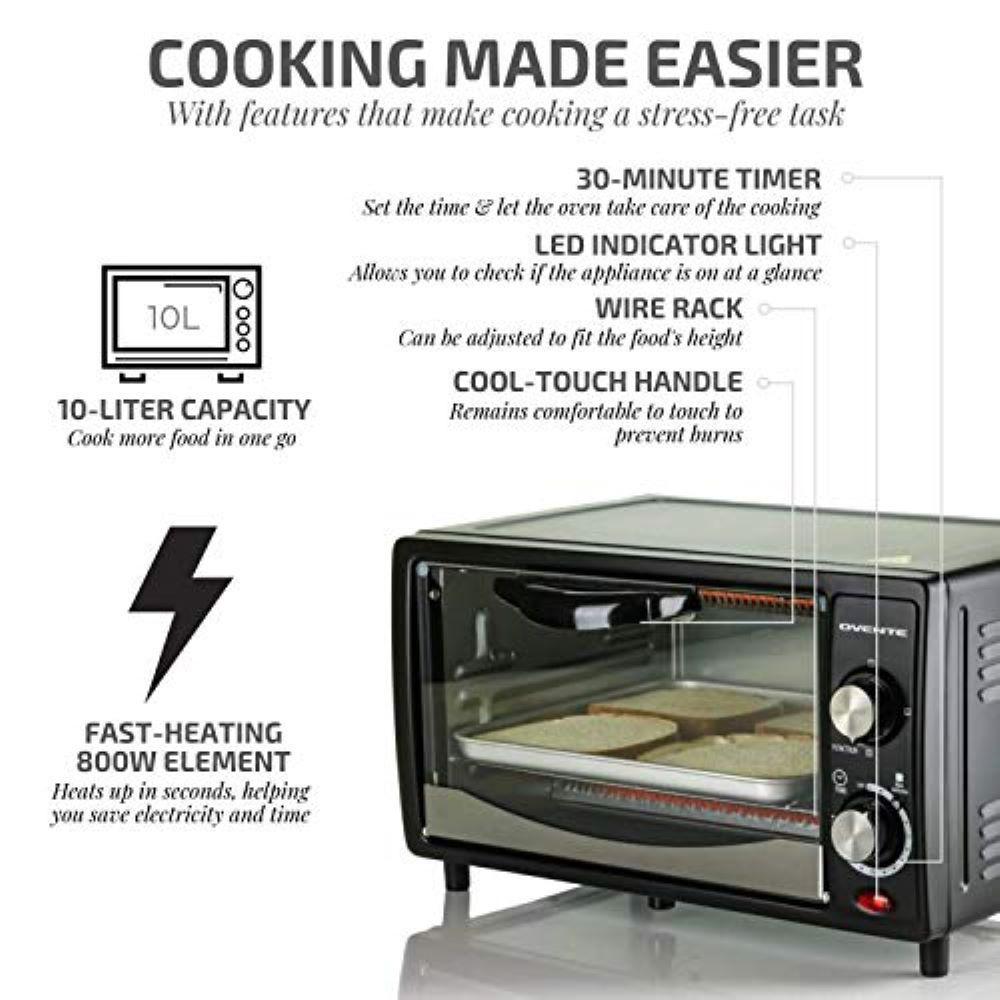Ovente 800Watts Electric Black Toaster Oven 3 Cooking Modes 30 Min Timer Crumb Tray, Tempered