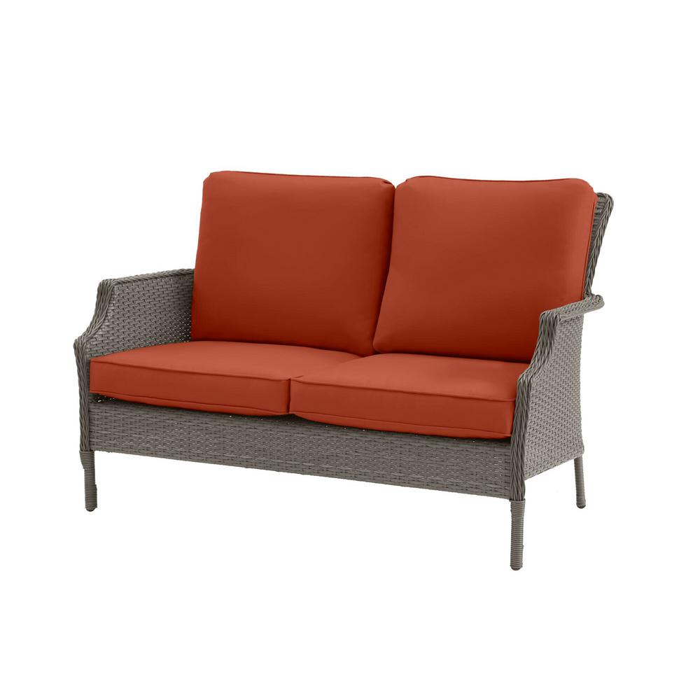 Hampton Bay Grayson Ash Gray Wicker Outdoor Patio Loveseat with CushionGuard Quarry Red Cushions was $249.0 now $199.2 (20.0% off)