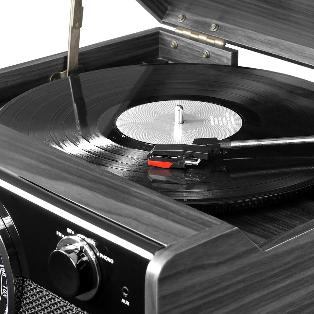 victrola modern matte black turntable with bluetooth speakers